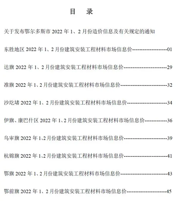 鄂尔多斯2022年1期1、2月招标造价信息