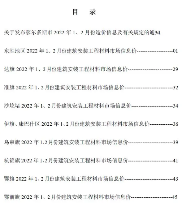 鄂尔多斯市2022年1期1、2月建材造价信息PDF第一页