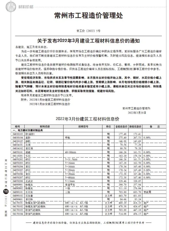 常州2022年3月建材指导价