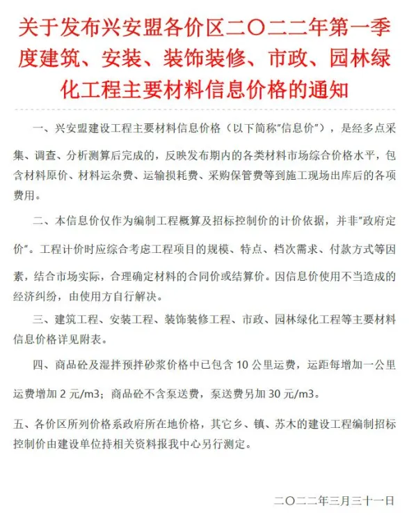 兴安盟市2022年1期1、2、3月建材造价信息PDF第一页
