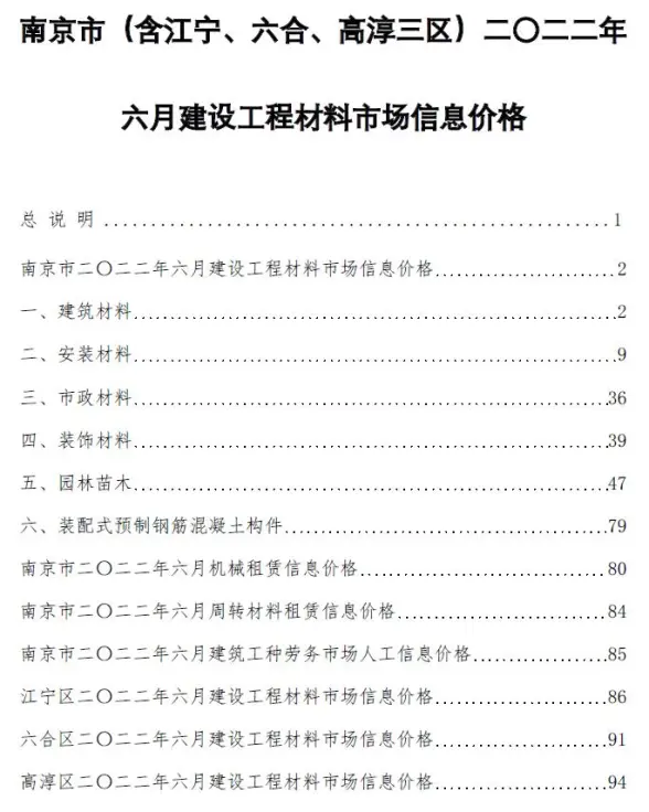 南京市2022年6月造价信息