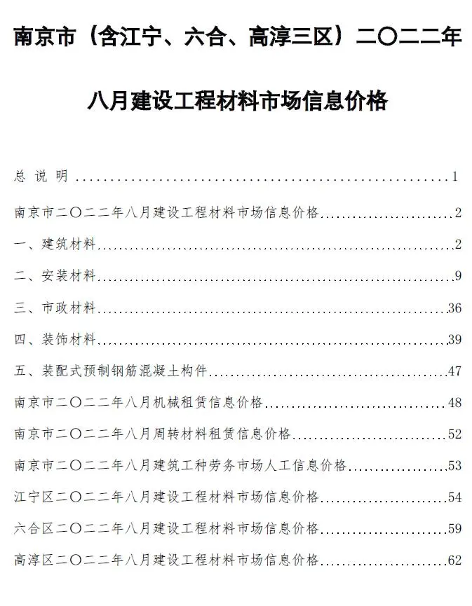南京市2022年8月工程造价信息价扫描件PDF
