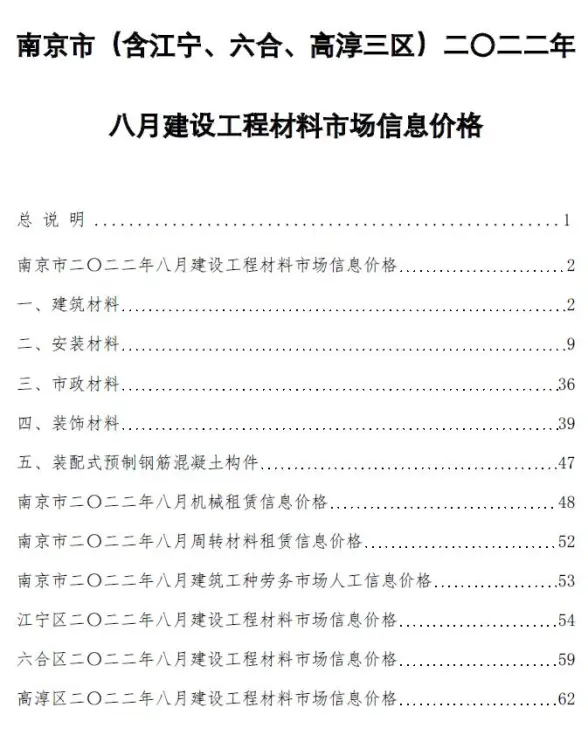 南京市2022年8月造价信息