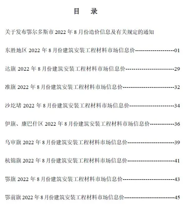 鄂尔多斯2022年8月工程信息价