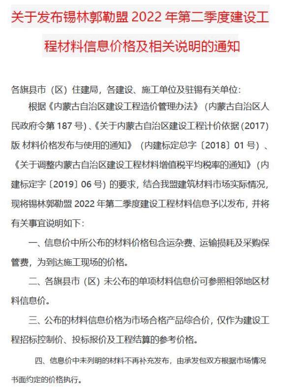 锡林郭勒2022年2季度4、5、6月工程结算价