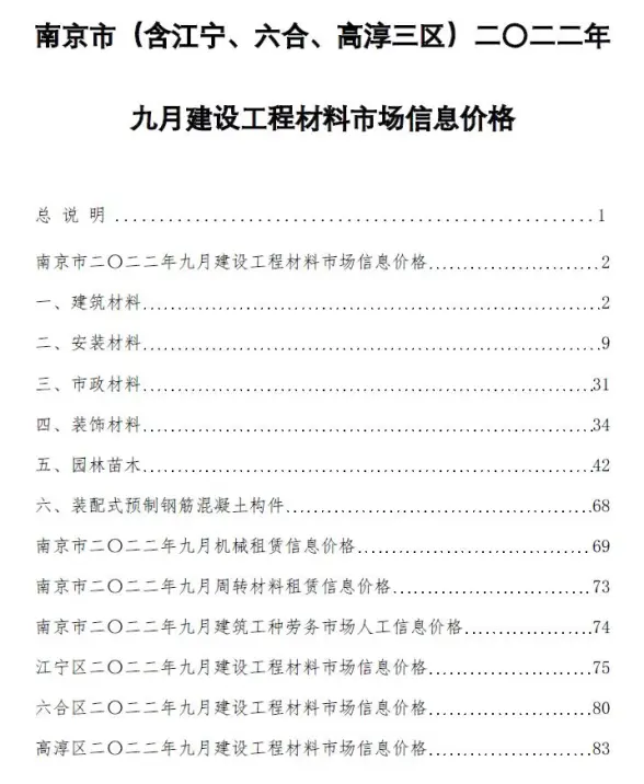 南京市2022年9月造价信息