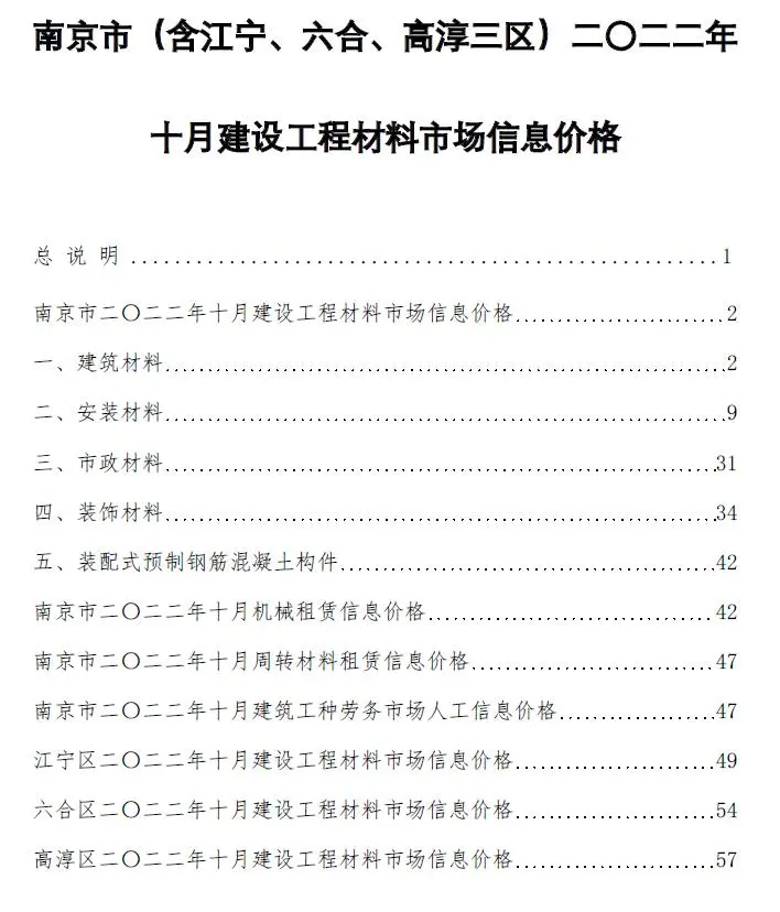2022年10月南京建设工程材料市场信息价格电子版