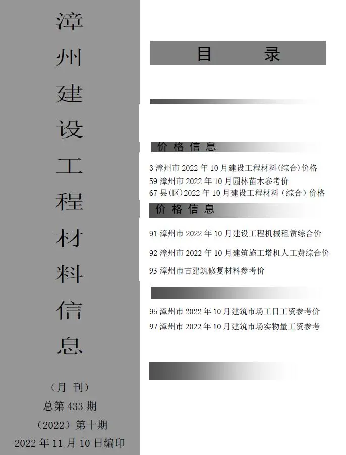 2022年10月漳州建设工程材料信息电子版