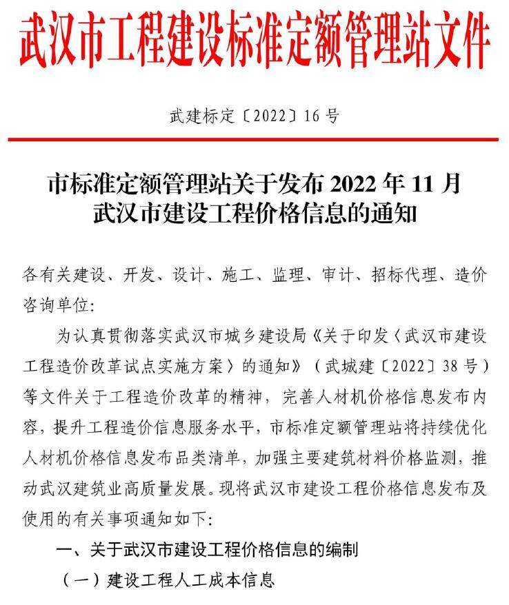 武汉市2022年11月造价信息造价信息期刊PDF扫描件