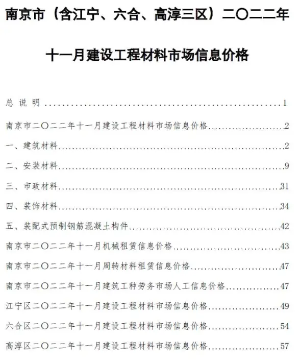 南京市2022年11月造价信息