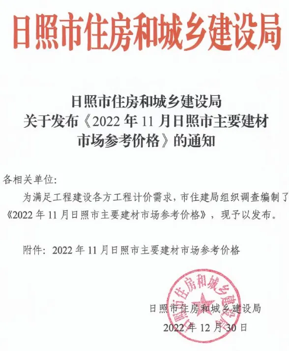 日照市2022年11月建材市场参考价格封面