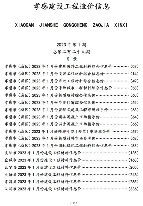 孝感市2023年1月造价信息