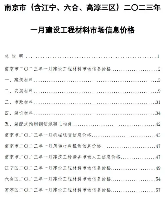 南京市2023年1月建筑造价信息