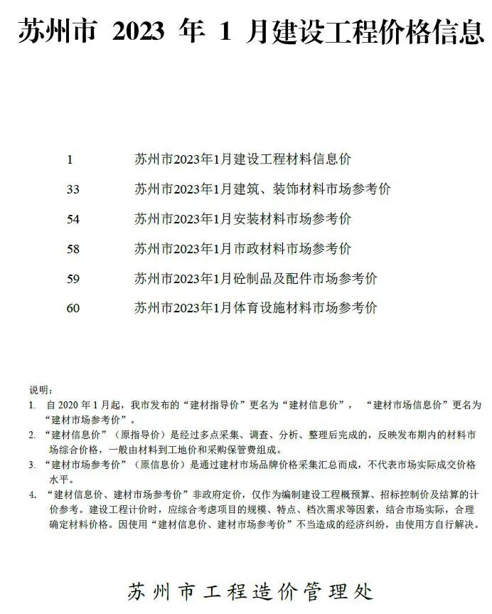 苏州市2023年1月电子版建设工程价格信息