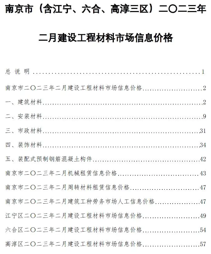 南京市2023年2月建设工程材料市场信息价格