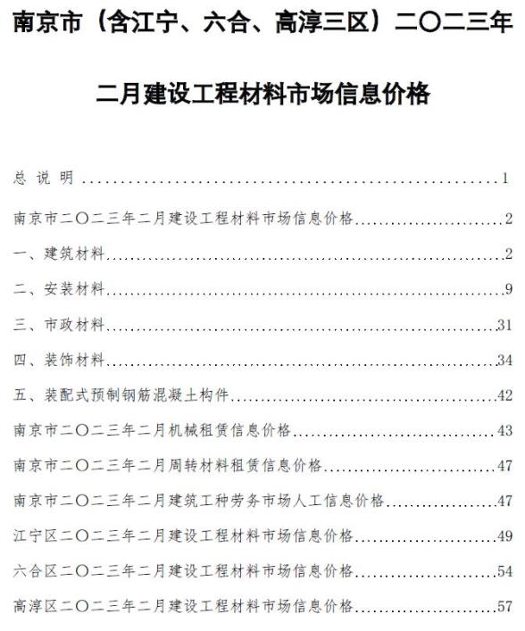 南京市2023年2月材料预算价