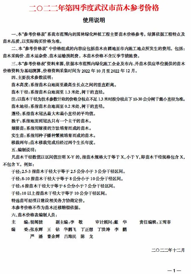 2022年4季度苗木10、11、12月武汉市苗木参考价格