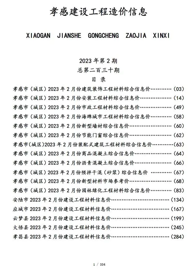 2023年孝感市建设工程造价信息