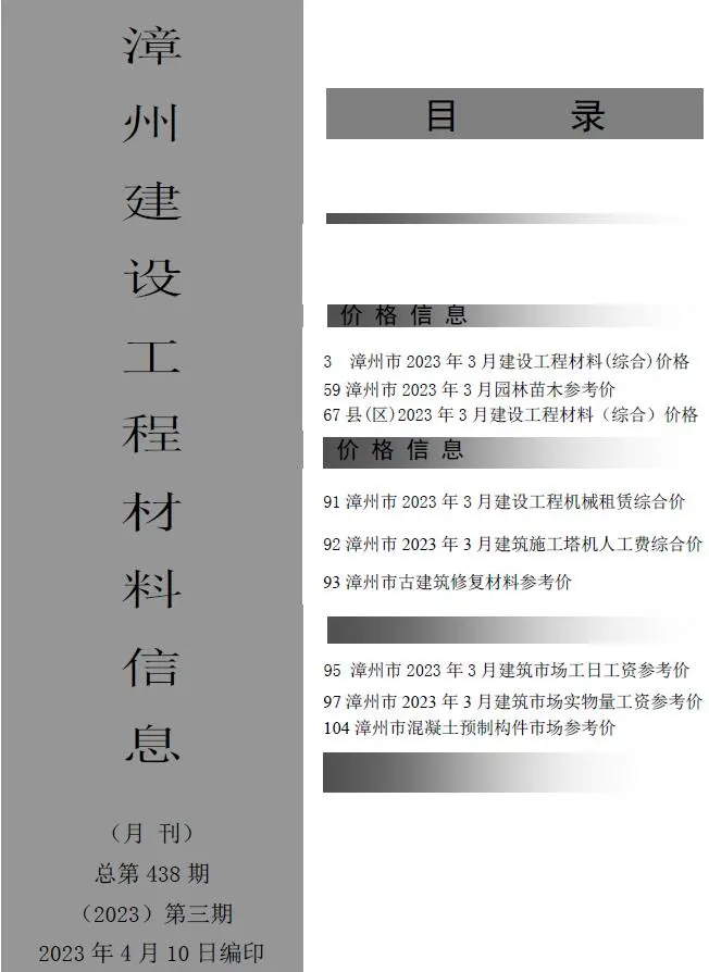 2023年3月漳州建设工程材料信息