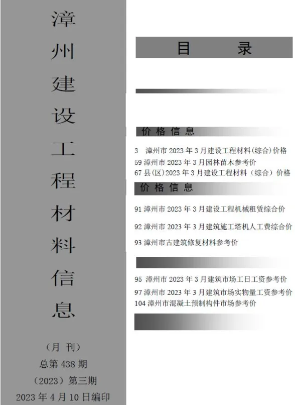 漳州2023年3月材料价格信息