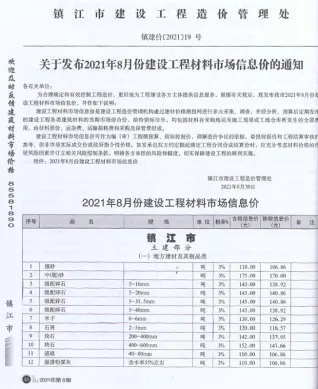 镇江市2021年8月造价信息取定说明首图