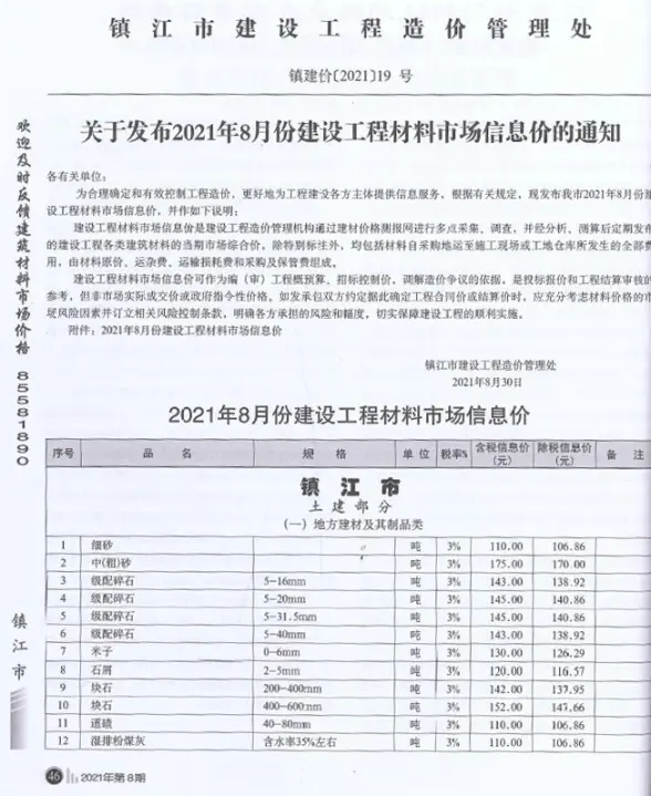 镇江市2021年8月工程造价信息