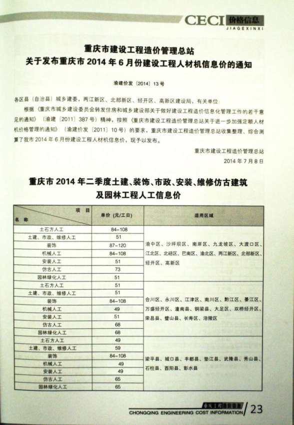 重庆市2014年7月材料价格依据