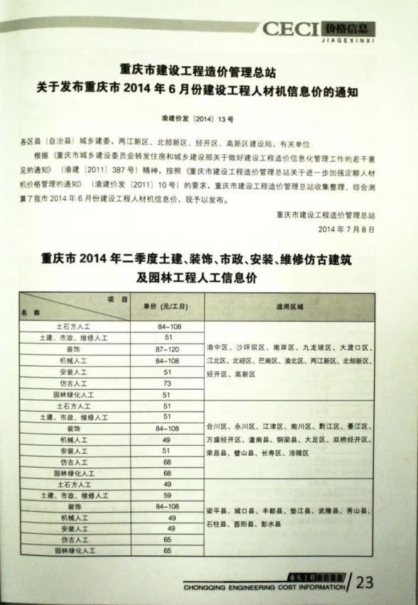 重庆市2014年7月工程造价信息封面