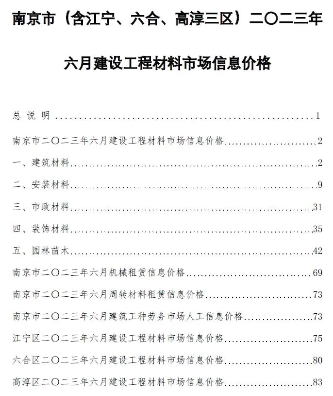 南京2023年6月建设工程材料市场信息价格