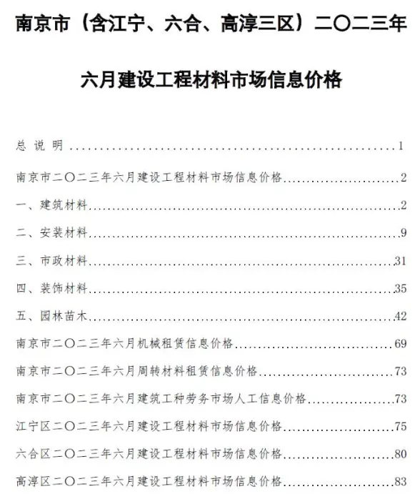 南京市2023年6月建筑造价信息