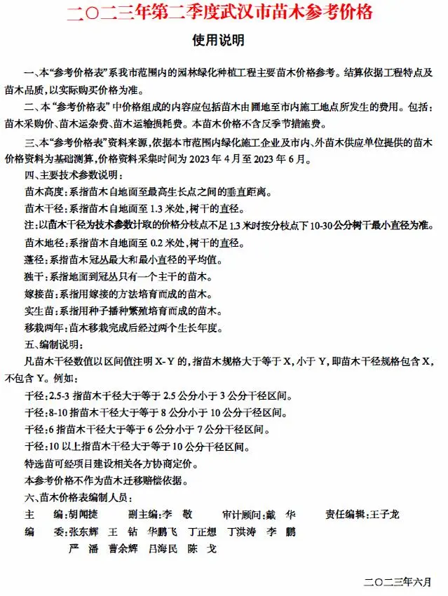 武汉2023年2季度苗木4、5、6月苗木参考价格