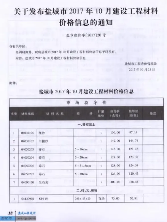 盐城2017年10月建材指导价