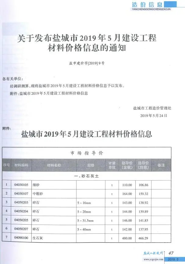 2019年盐城工程造价