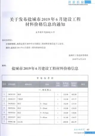 盐城2019年第6期工程造价