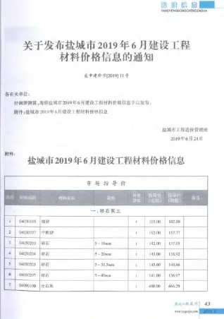 盐城市造价信息2019年6期内容背书首图