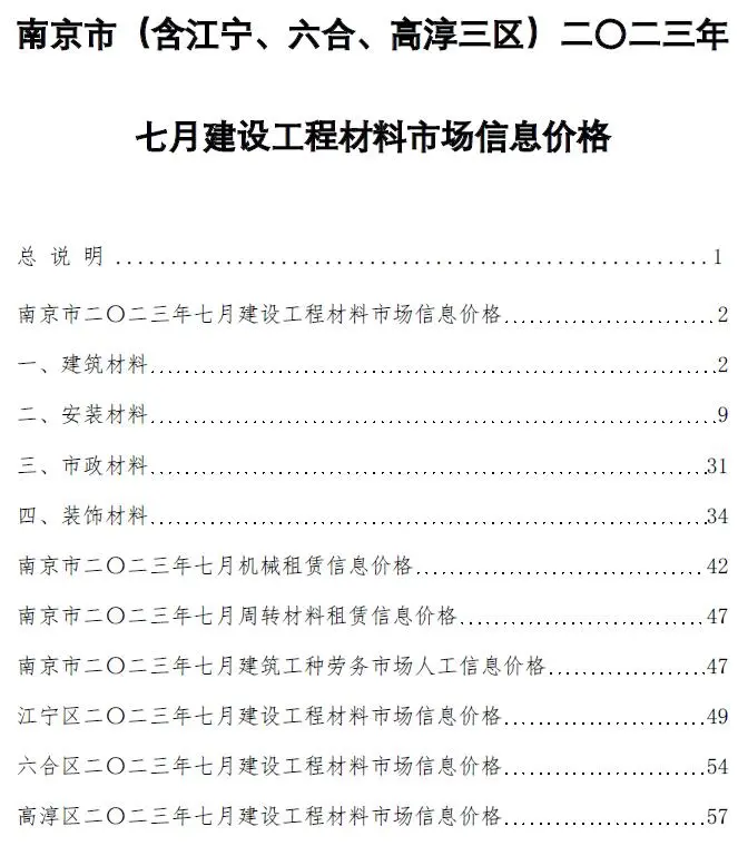 南京市2023年7月电子版建设工程材料市场信息价格