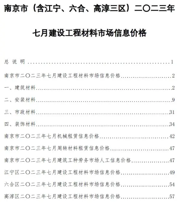 南京市2023年7月建筑造价信息