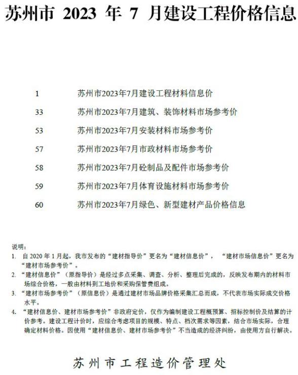 苏州市2023年7月工程结算价