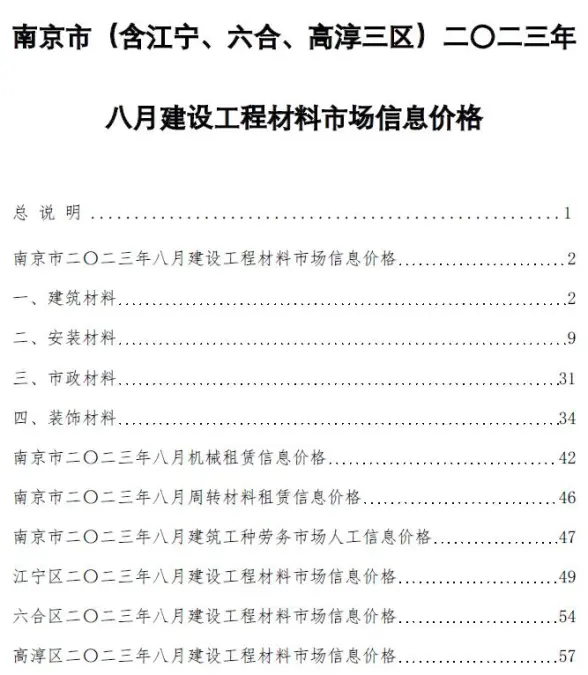 南京市2023年8月建筑造价信息
