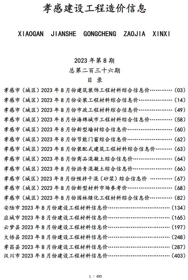 2023年8月孝感建设工程造价信息