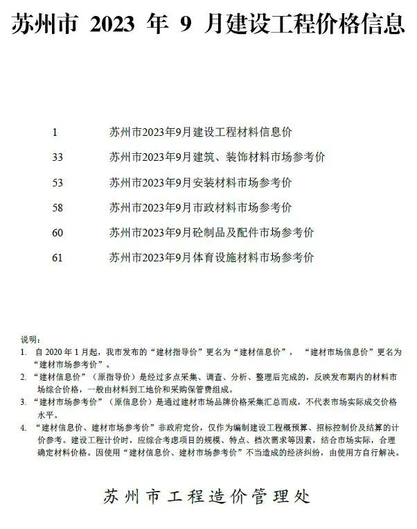 苏州市2023年9月建设工程价格信息