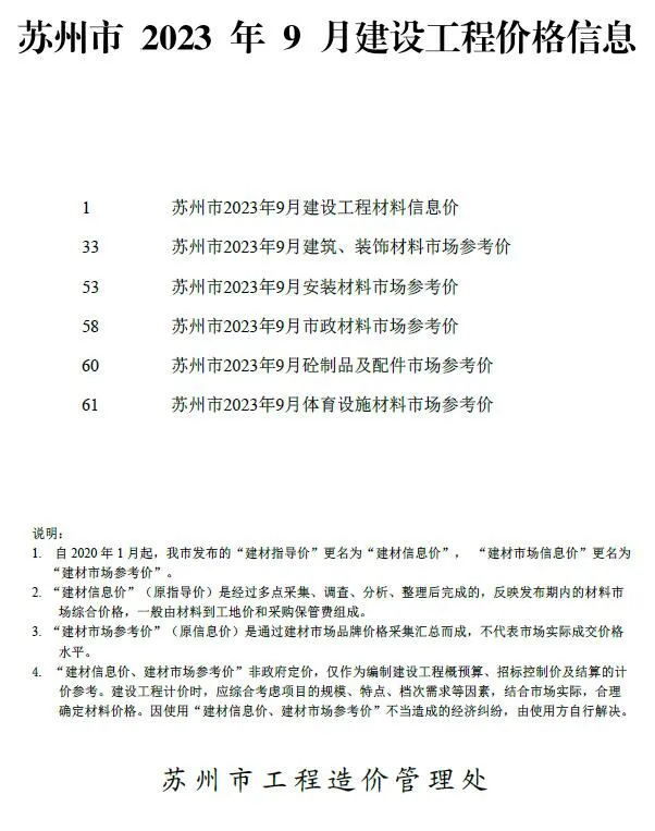 苏州市2023年9月建设工程价格信息(造价信息)封面