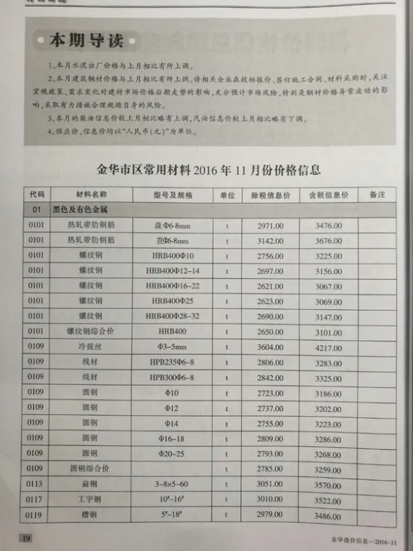 金华市2015年11月招标造价信息