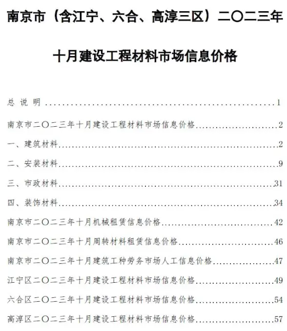南京市2023年10月建筑造价信息