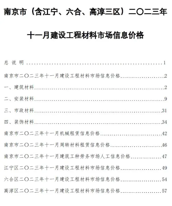 南京市2023年11月建筑造价信息