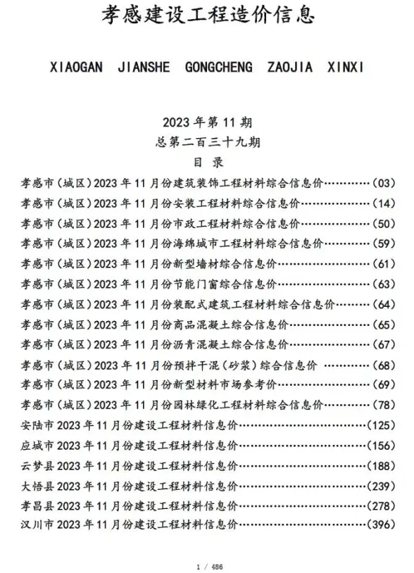 孝感市2023年11月材料造价信息