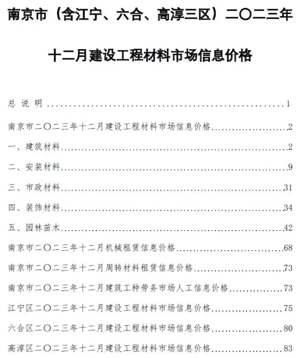 南京市2023年12月建筑造价信息