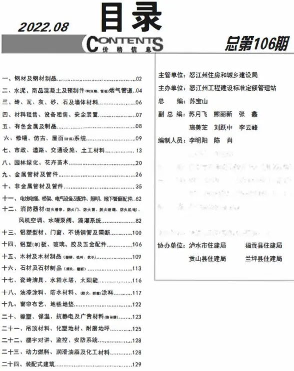 怒江州2022年8月结算造价信息