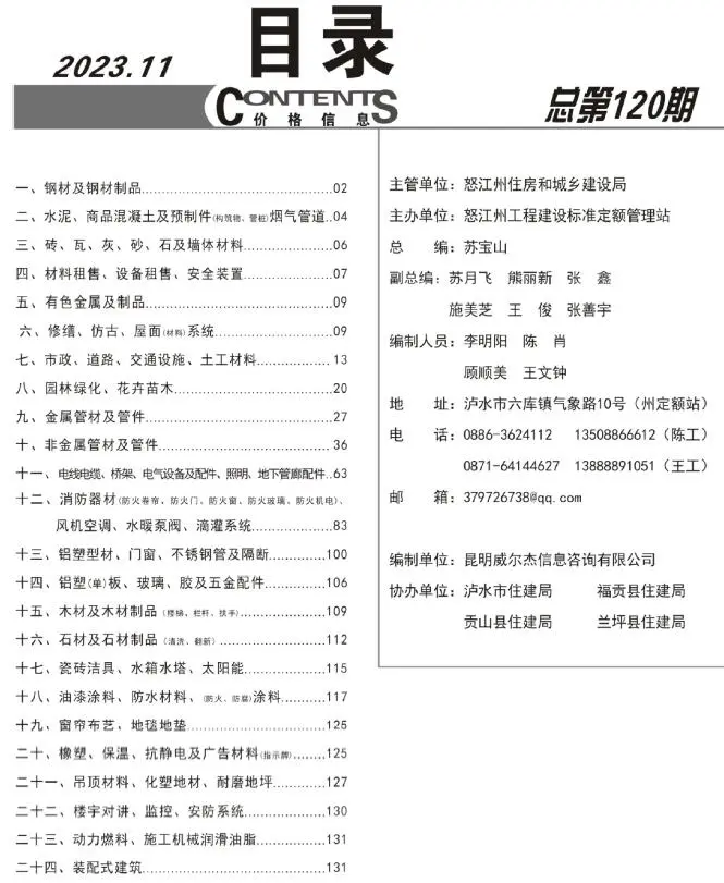 怒江州2023年11月建设工程造价信息