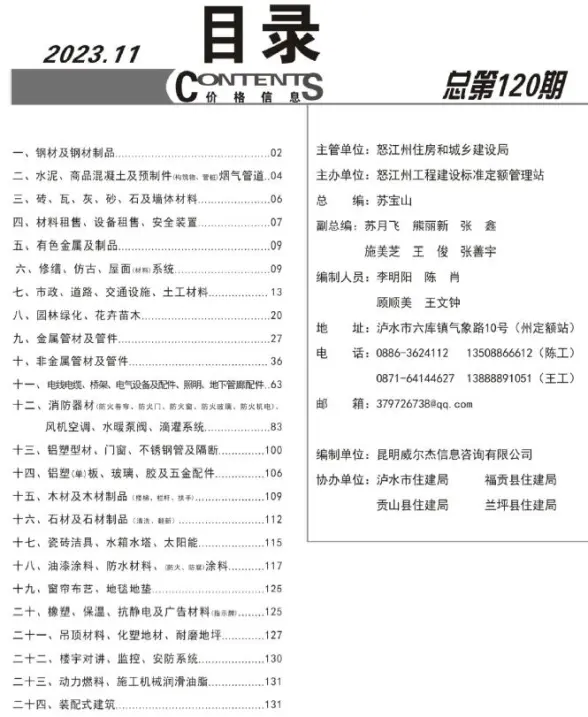 怒江州2023年11月招标造价信息